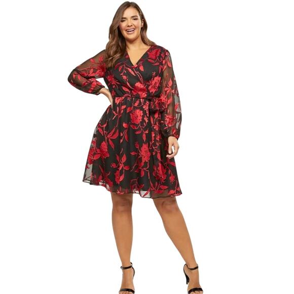 Lane Bryant Floral Chiffon Faux-Wrap Dress Size 24 Red Floral Holiday Valentines - Picture 10 of 10
